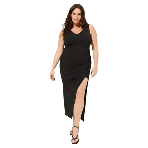 TORRID Plus Size 26 Maxi Stretch Crepe V-Neck Column Dress Deep Black High Slit - Picture 1 of 16